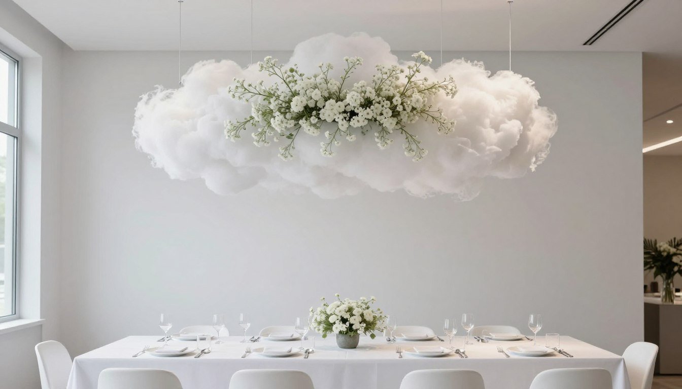 Modern baby's breath cloud installation over a minimalist wedding reception table