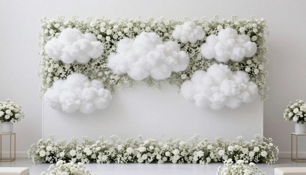 Modern baby's breath cloud wall ceremony backdrop
