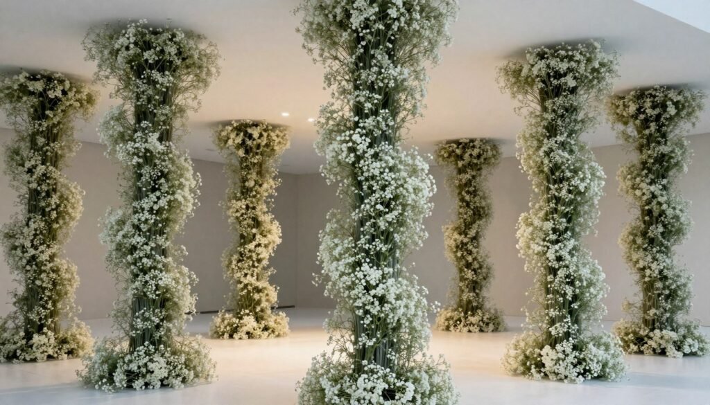 Modern baby's breath wraps on architectural venue columns