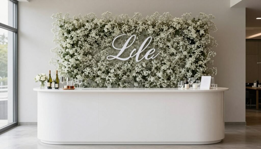 Modern bar backdrop with baby's breath and typography