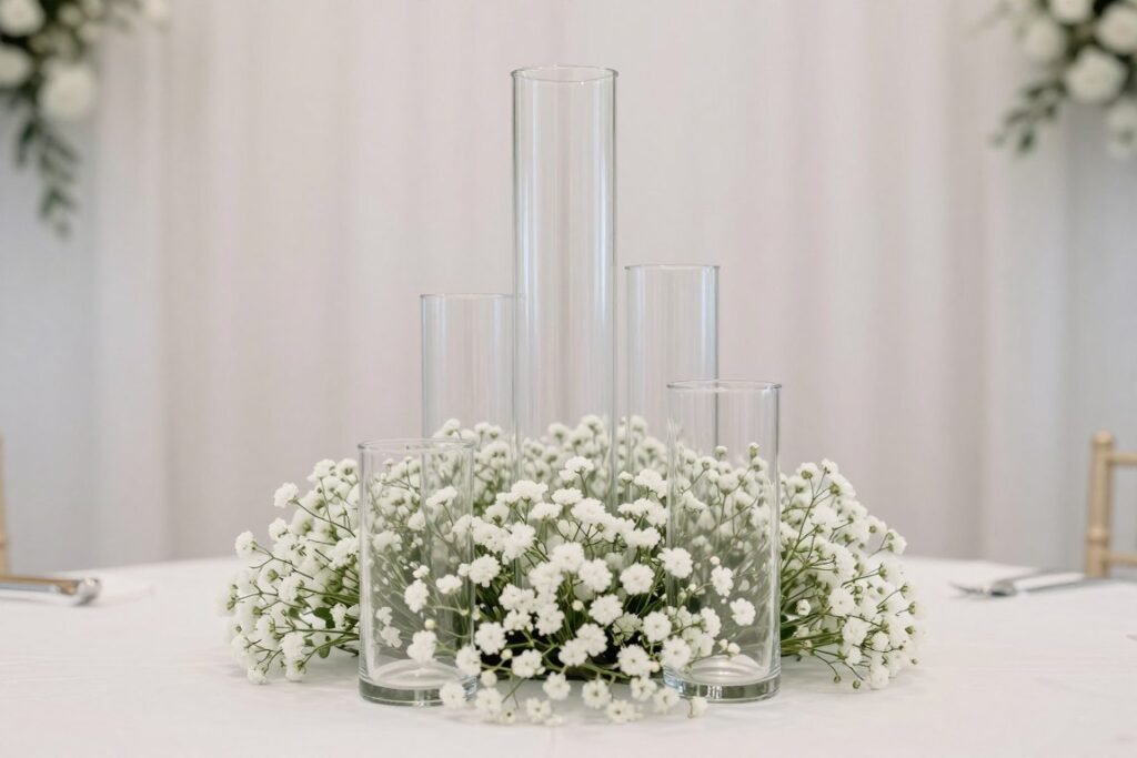 Modern centerpiece with baby's breath in clear glass cylinders