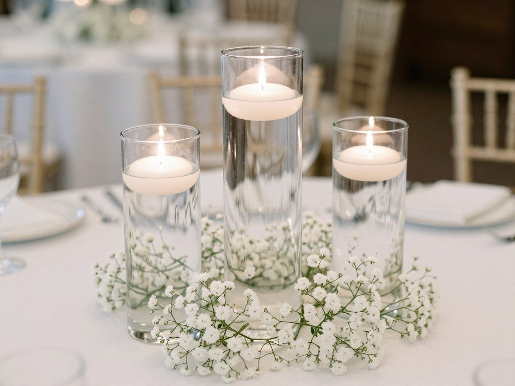Modern centerpieces with floating candles and baby's breath