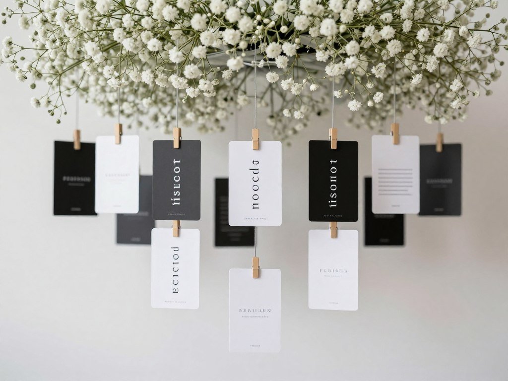 Modern escort card display with suspended baby's breath