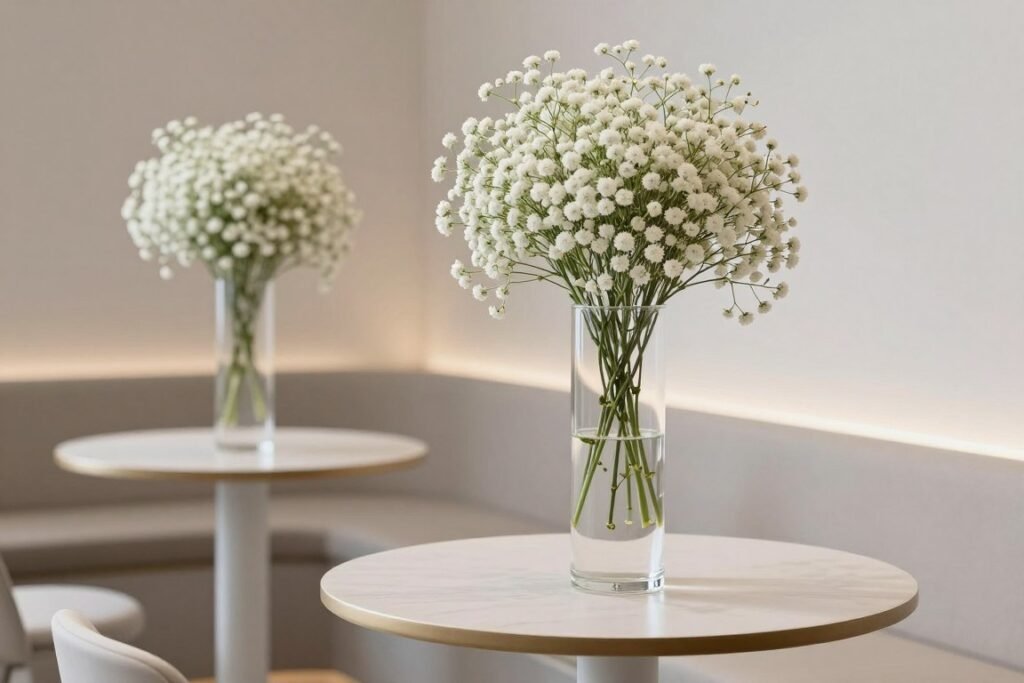 Modern floating baby's breath arrangements for cocktail hour