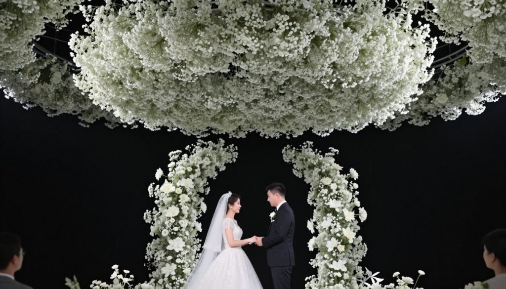 Modern floating baby's breath ceremony backdrop