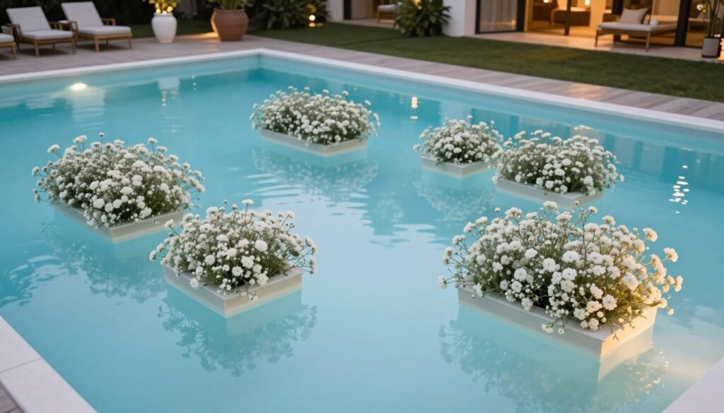 Modern floating baby's breath installations in wedding venue pool