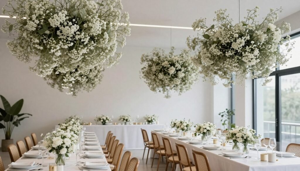 Modern floating canopy of baby's breath over reception tables