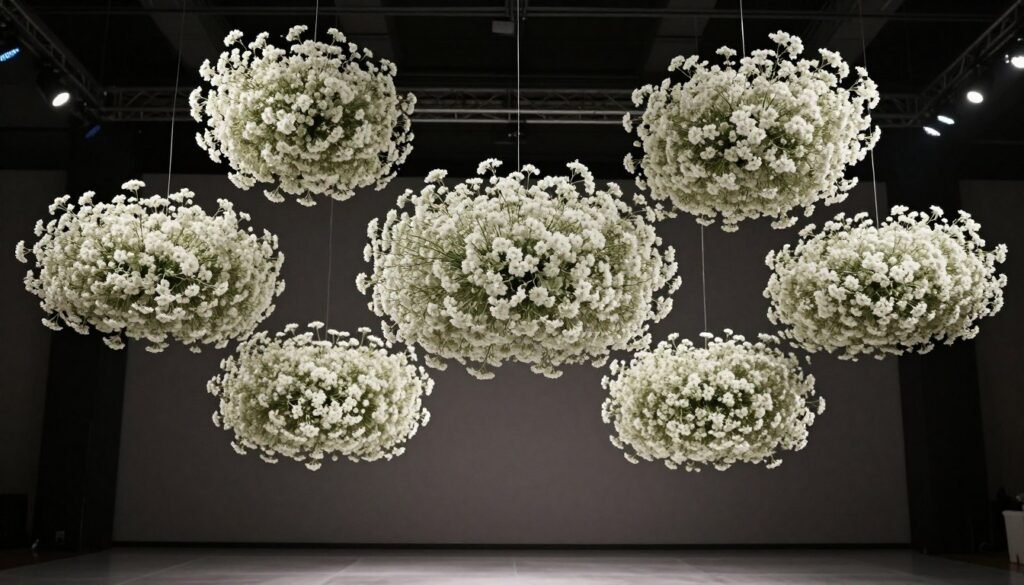 Modern hanging baby's breath installation over dance floor