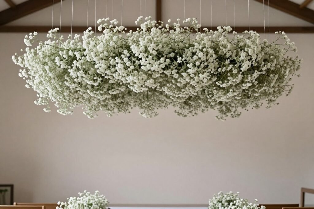 Modern hanging baby's breath installation with clean lines