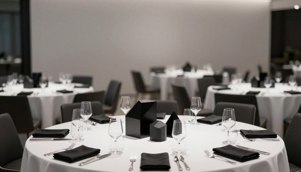 Modern minimalist black tie wedding décor
