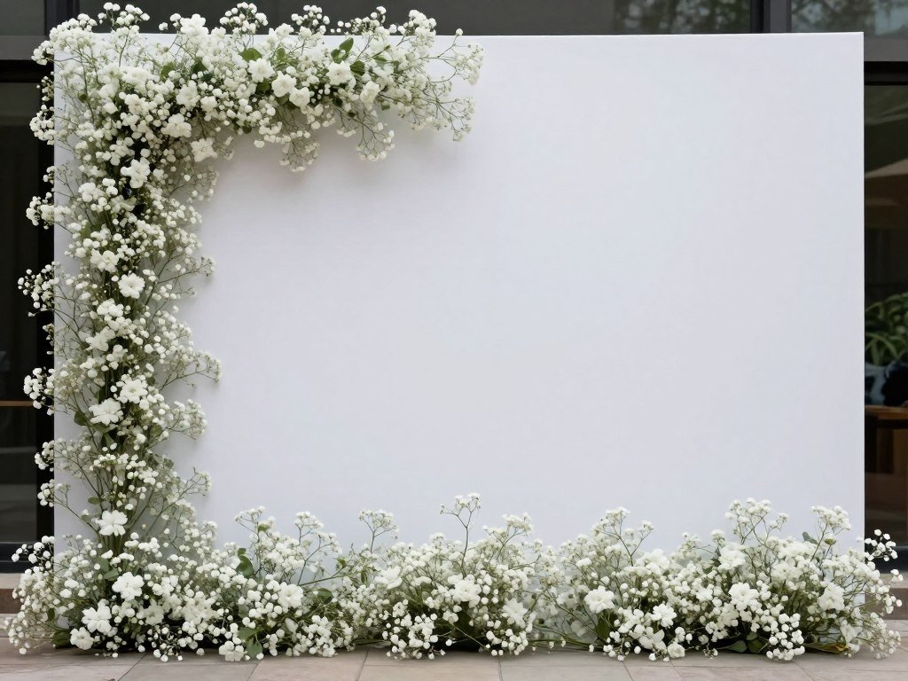 Modern photo backdrop wall with baby's breath and negative space