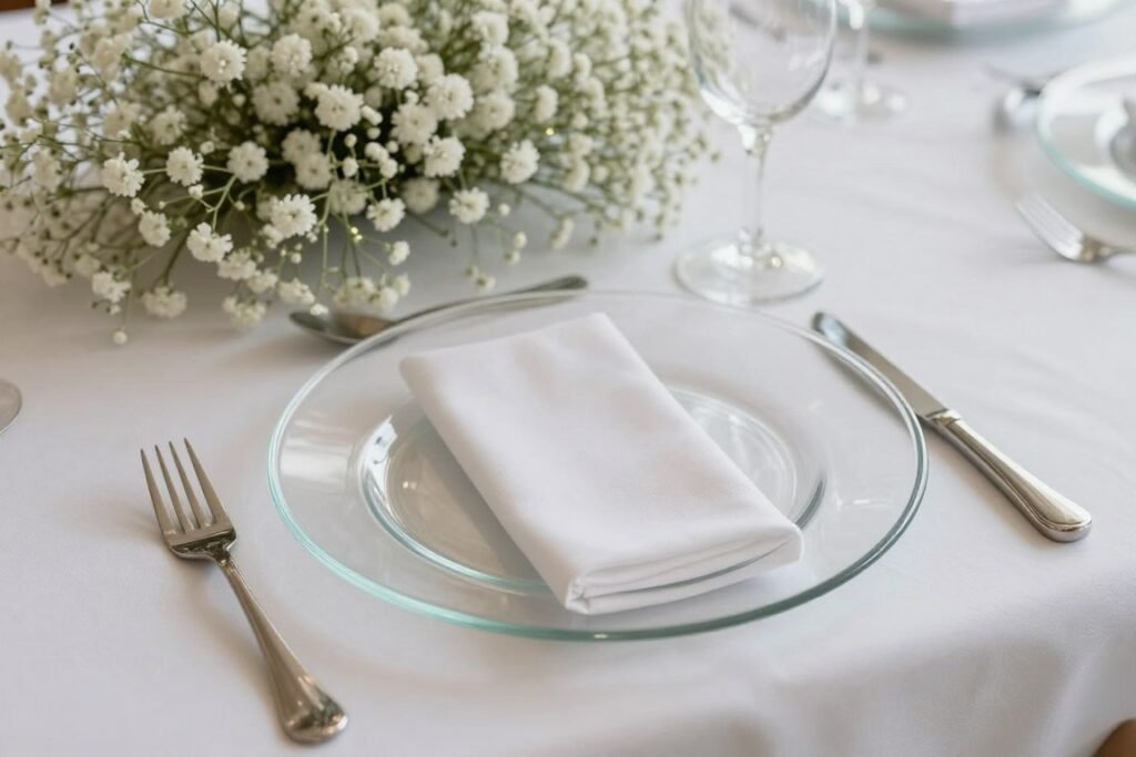 Modern place settings with baby's breath cloud under clear charger plates