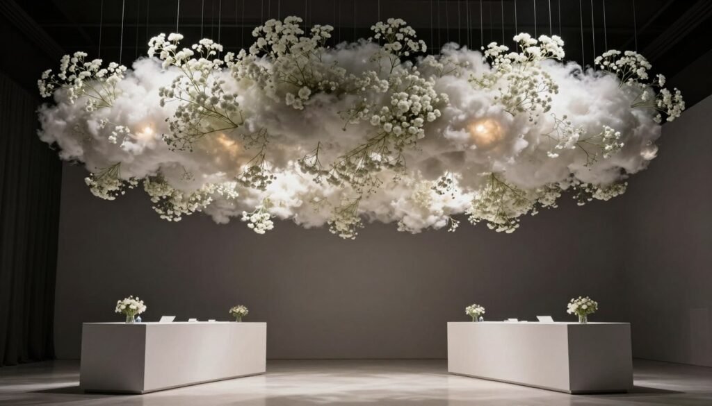 Modern suspended baby's breath ceiling installation over reception tables