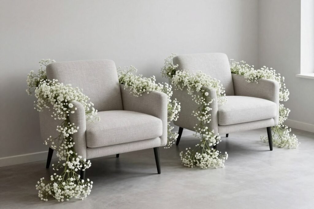 Modern sweetheart chairs with asymmetrical baby's breath décor