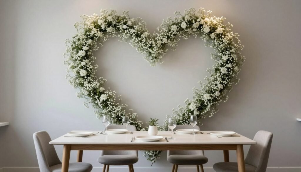 Modern sweetheart table with baby's breath backdrop wall