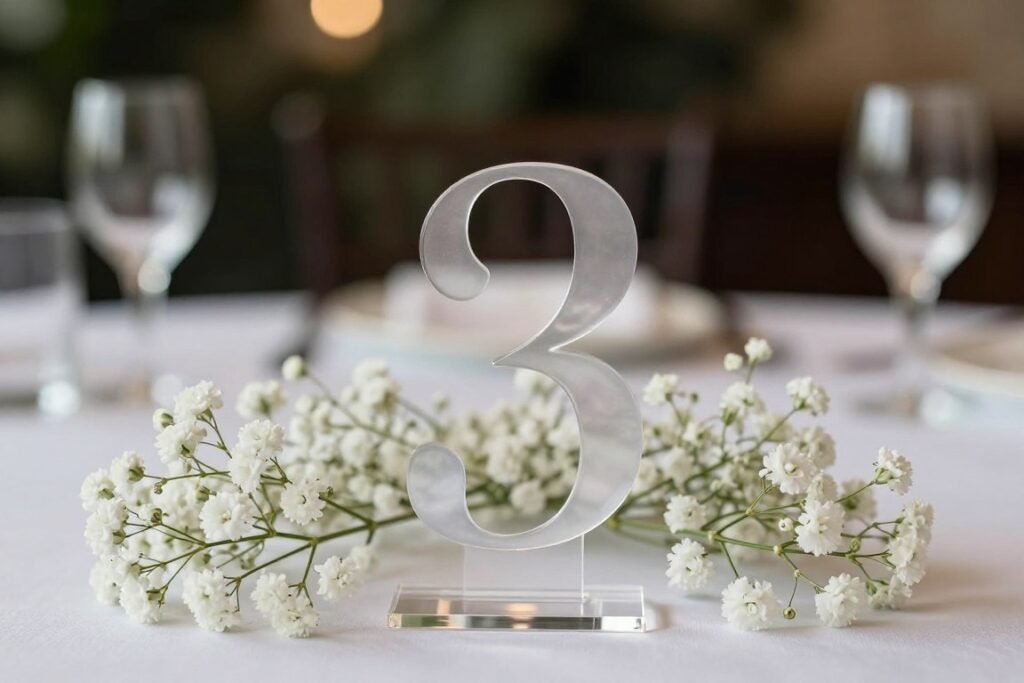 Modern table numbers with baby's breath and negative space
