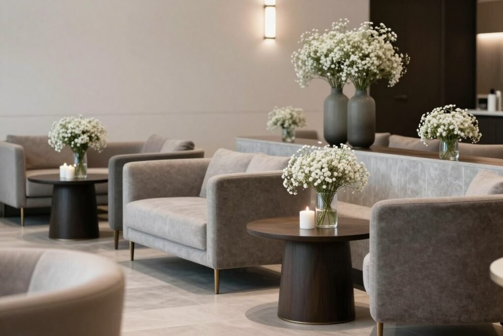 Modern wedding lounge area with baby's breath accent décor