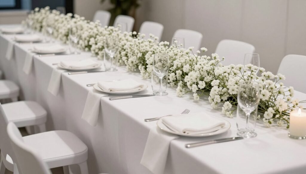 Modern white baby's breath table runner on long reception table