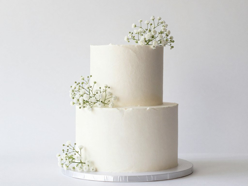 Modern white wedding cake with minimal baby's breath decoration