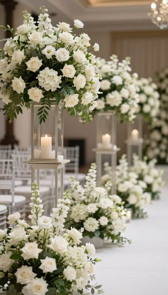 Monochromatic white flower wedding aisle arrangements