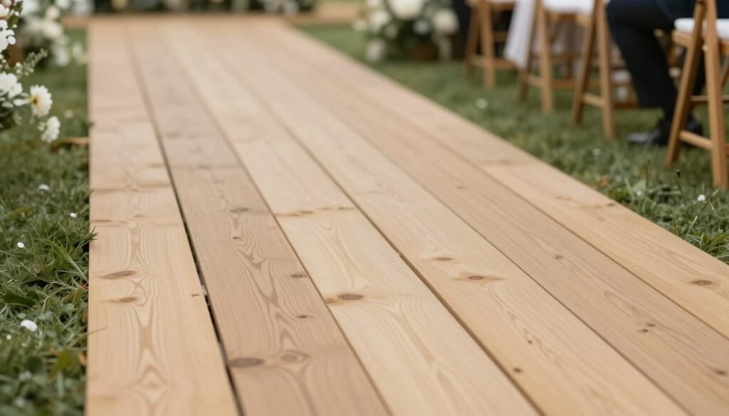 Natural wood plank wedding aisle runner outdoors