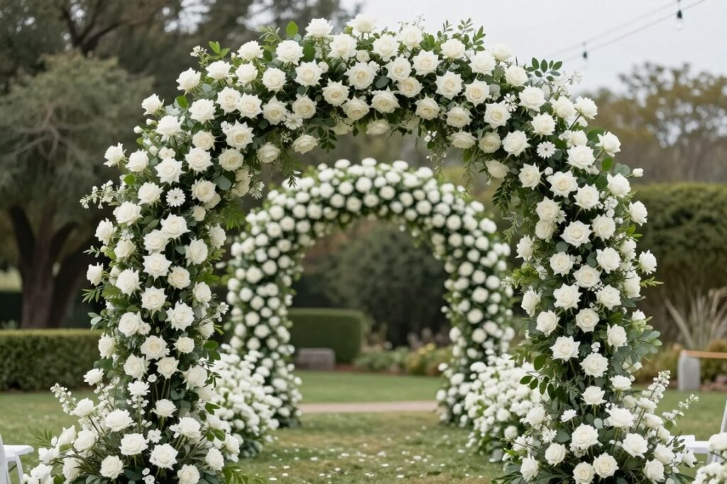 Oversized white floral ceremony arch in garden
