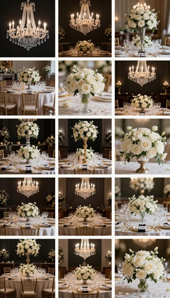 Pinterest-style collage of black tie wedding décor ideas