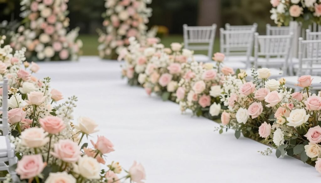Romantic blush and ivory floral wedding aisle