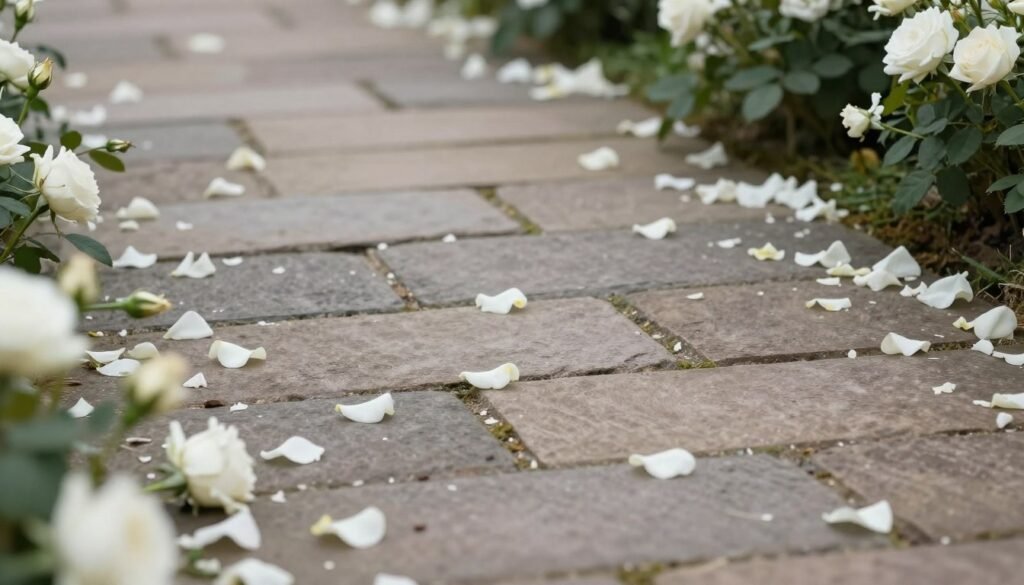 Rose petals scattered on garden pathway