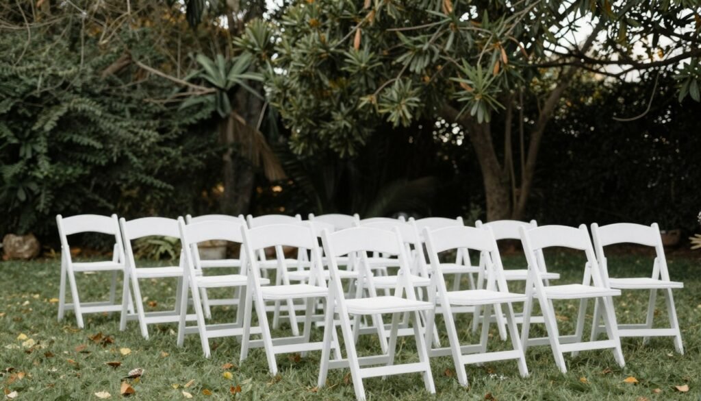 Rows of white ceremony chairs in garden setting