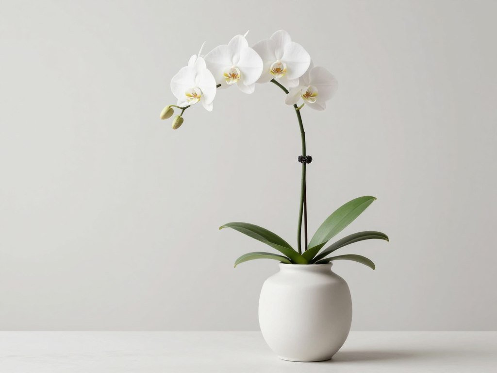 Single stem white orchid in a modern ceramic vase