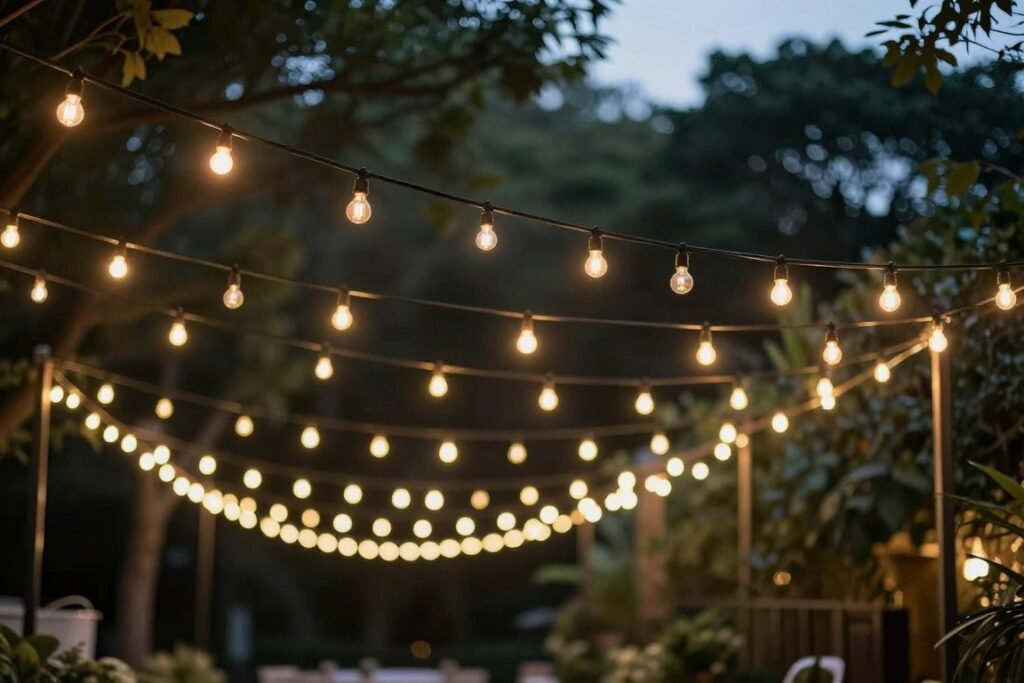 Structured Edison bulb string lights at garden reception