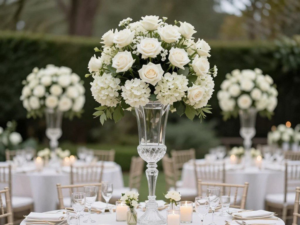 Structured white floral centerpiece on elegant reception table