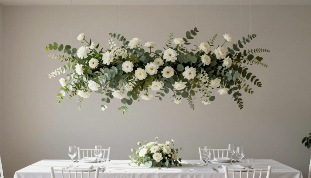 Suspended minimalist floral installation above wedding reception table