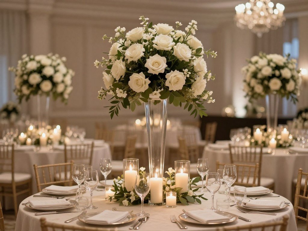 Tall and low neutral wedding centerpieces