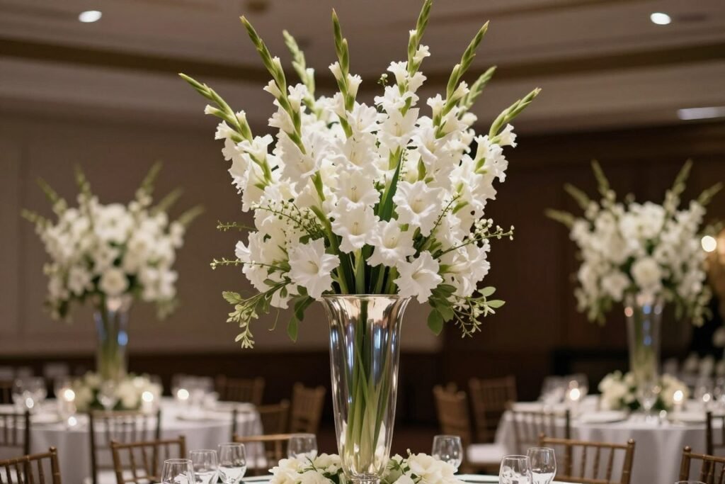 Tall white gladiolus centerpiece in silver vase
