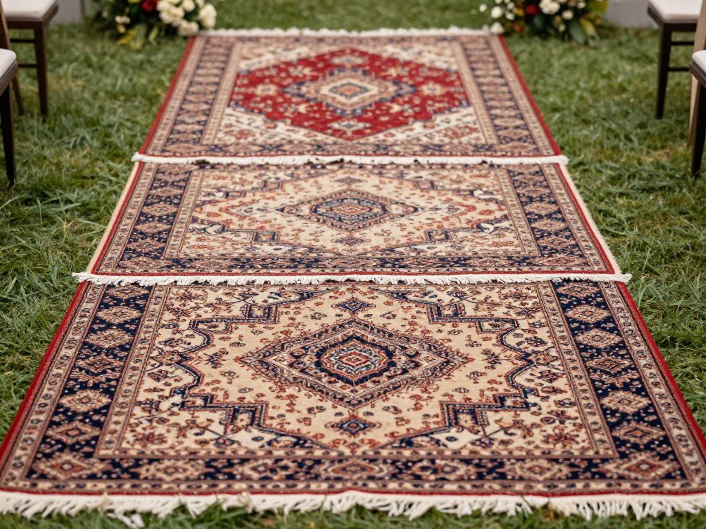Vintage rugs creating ceremony aisle in garden