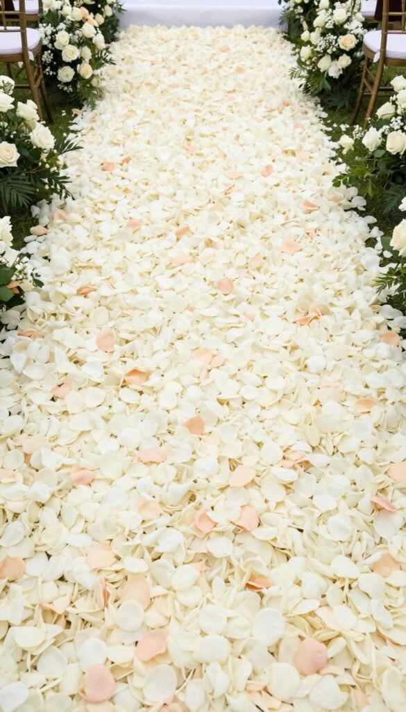 Wedding aisle covered in scattered rose petals
