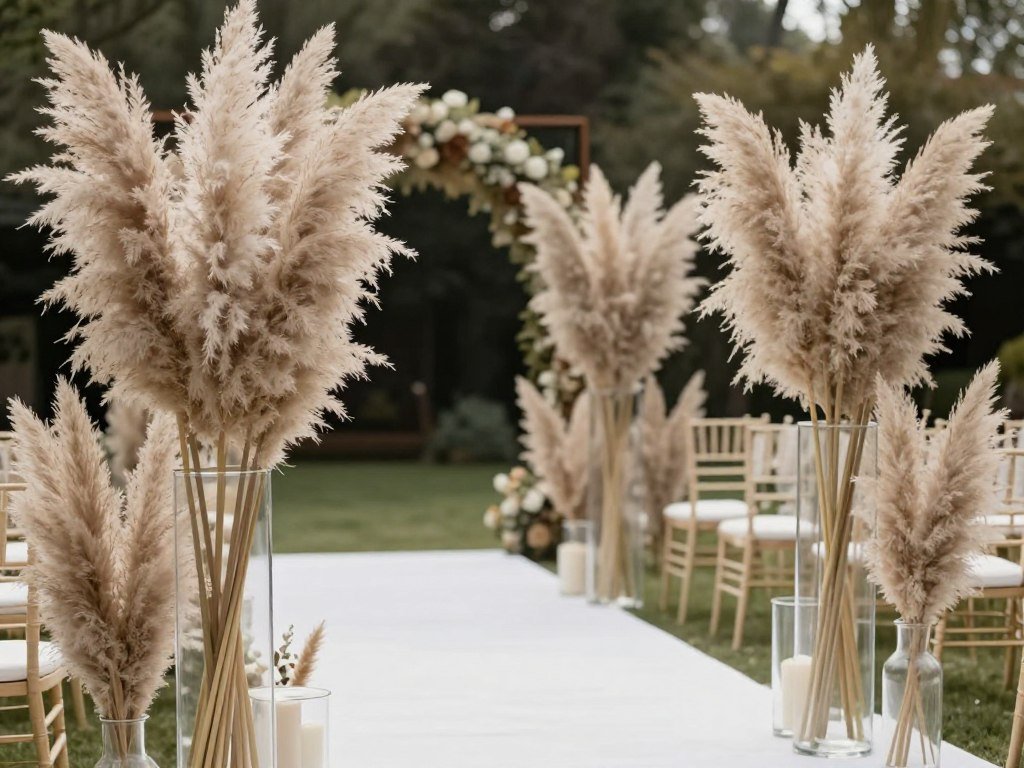 Wedding aisle decorated with tall pampas grass arrangements