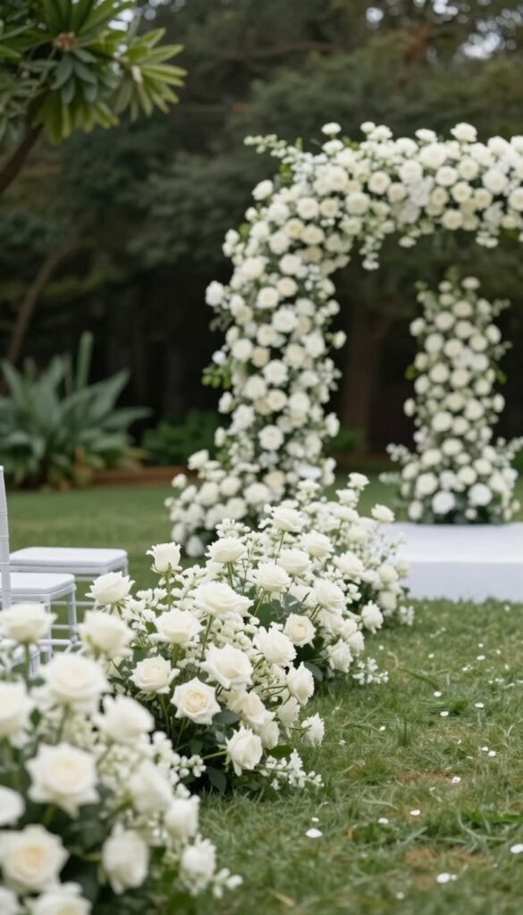 Wedding aisle with cascading white roses in garden style arrangements