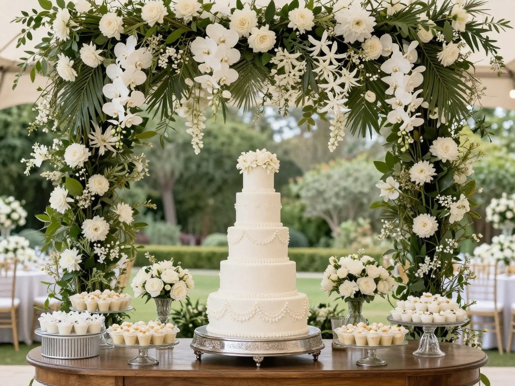 Wedding cake under floral canopy in garden