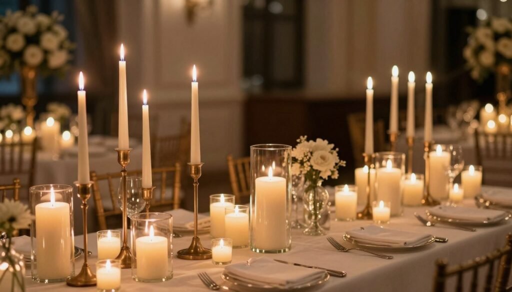 Wedding reception table with multiple candles at various heights creating warm ambiance