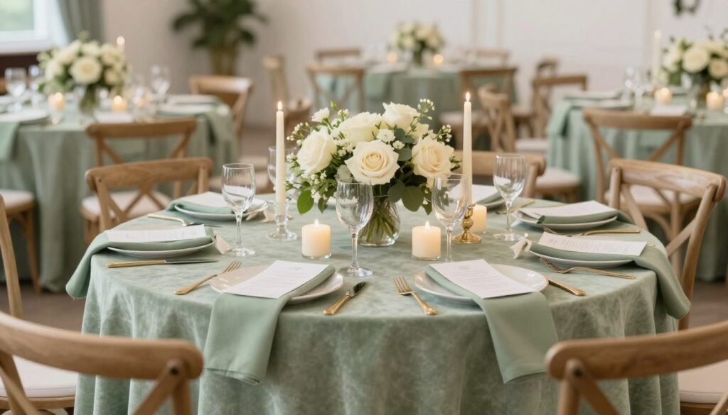 Wedding reception with cohesive sage green and ivory color palette across all décor elements