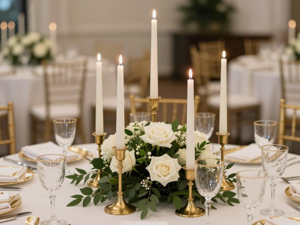 Wedding table centerpiece with tall brass candlesticks and taper candles