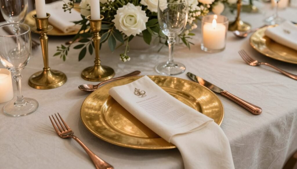 Wedding table setting featuring mixed metallic elements in gold, brass, and copper