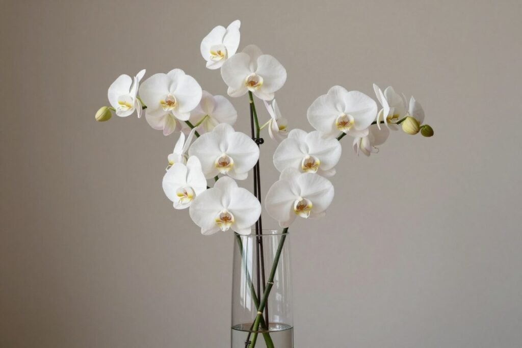White phalaenopsis orchids in a minimalist arrangement