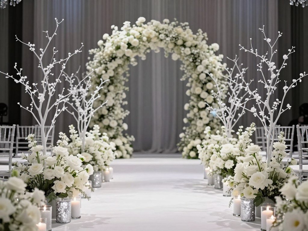 Winter white wedding aisle with silver accents