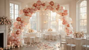 Luxurious indoor baby shower scene featuring a stunning balloon arch in blush pink, ivory, and rose gold, with elegant tables adorned in silk linens, flickering candles, and rose petals, all bathed in soft afternoon sunlight.