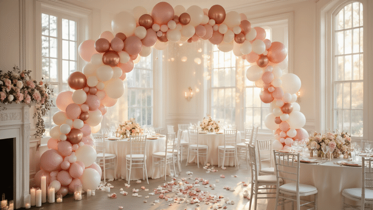 Luxurious indoor baby shower scene featuring a stunning balloon arch in blush pink, ivory, and rose gold, with elegant tables adorned in silk linens, flickering candles, and rose petals, all bathed in soft afternoon sunlight.