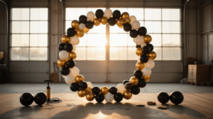 How to Create a Stunning Round Balloon Backdrop That'll Make Your Party Unforgettable Cinematic overhead and side angle view of an elegant round balloon backdrop setup in a spacious garage, featuring chrome gold, white, and matte black balloons in varying sizes, illuminated by warm golden hour light.